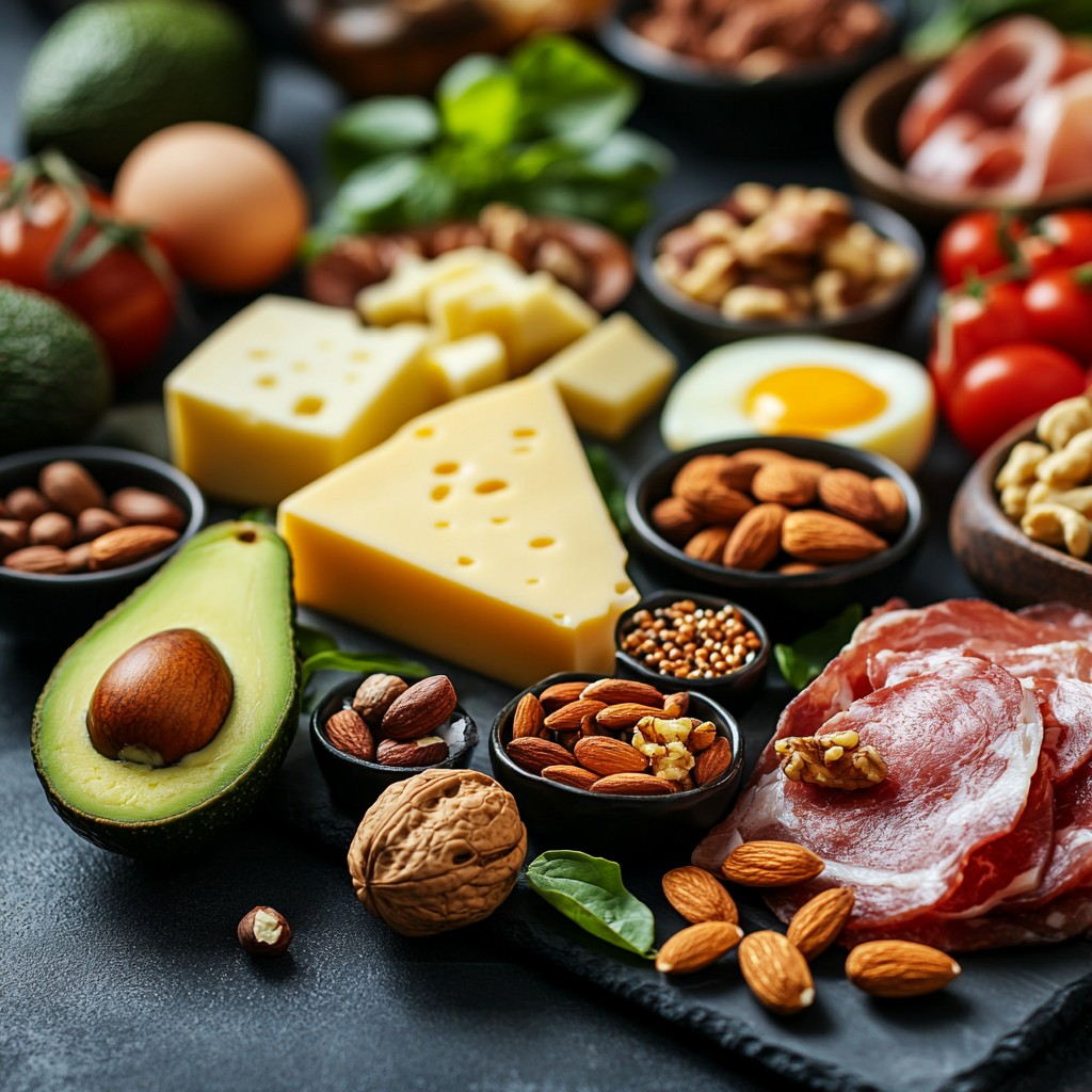 Assorted keto-friendly foods including cheese, avocados, nuts, and cured meats