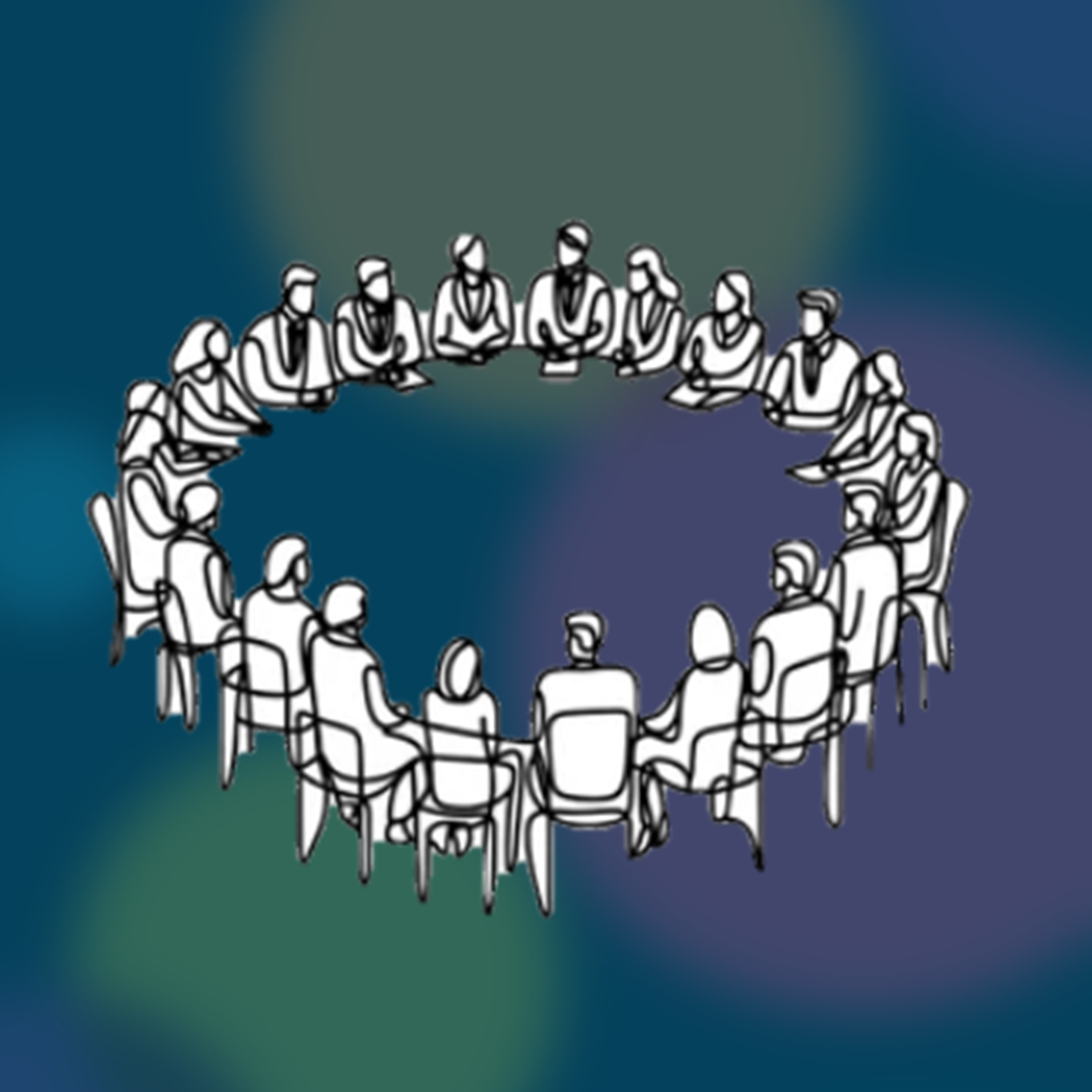 cartoon showing people sitting around a table